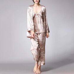 MARGOUN XL Pajamas For Women Set 3 Pcs Dragon Pattern Robes Silky Pj Sets Sleepwear Cami Nightwear With Robe And Pant TZ013 - Beige